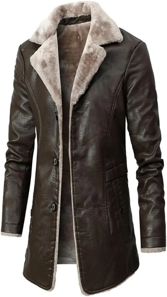 XYGJZ Men's Faux Leather Jacket Winter Warm Faux Fur Fleece Lined Motorcycle Trench Coat Jackets