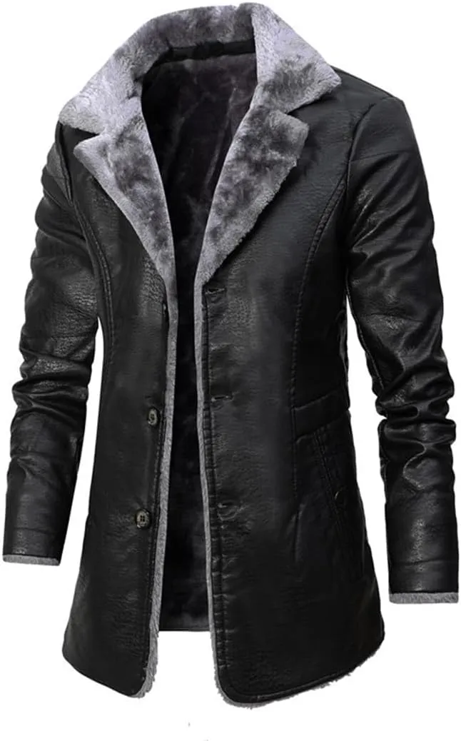 XYGJZ Men's Faux Leather Jacket Winter Warm Faux Fur Fleece Lined Motorcycle Trench Coat Jackets