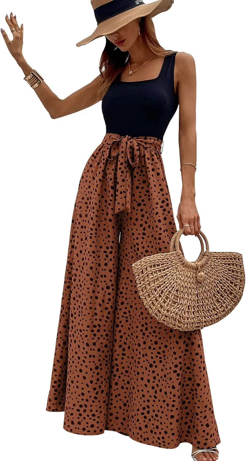 Yajedo Women's Jumpsuits Dressy Casual Summer Loose Wide Leg Tank Top Jumpsuit with Belt