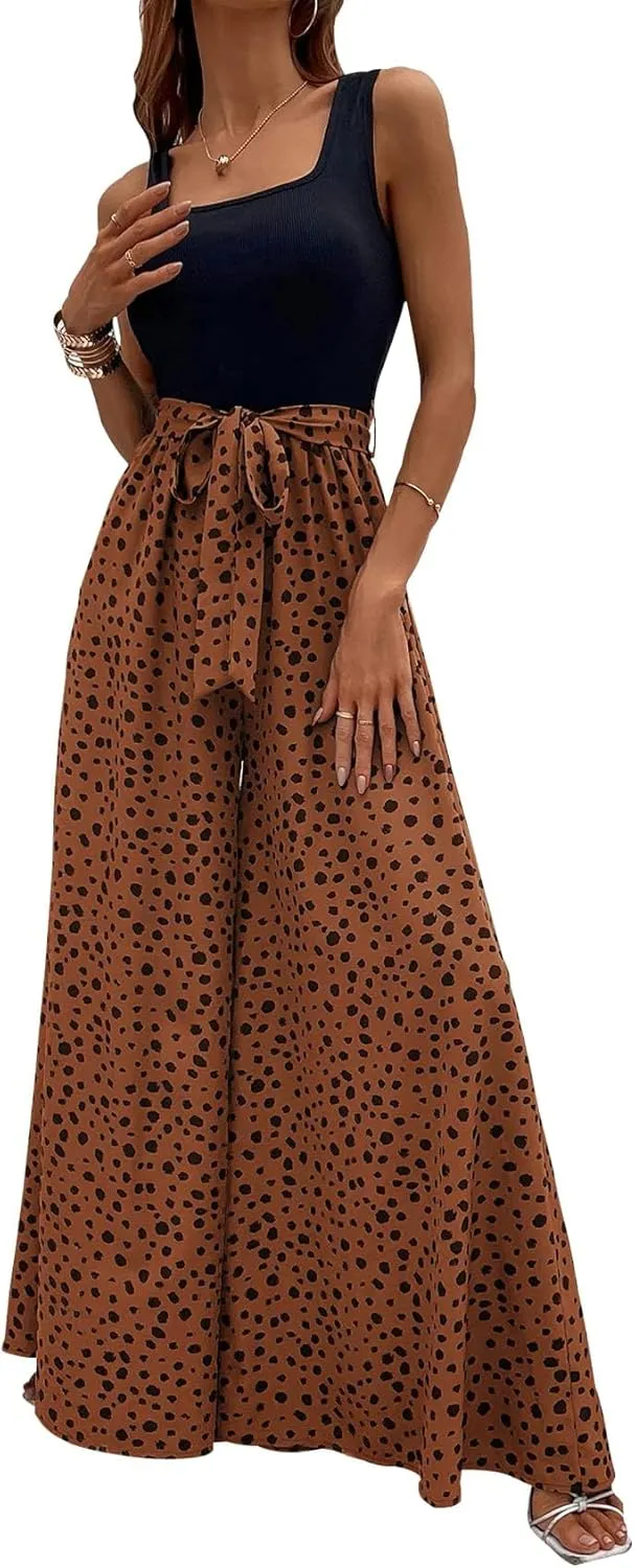 Yajedo Women's Jumpsuits Dressy Casual Summer Loose Wide Leg Tank Top Jumpsuit with Belt