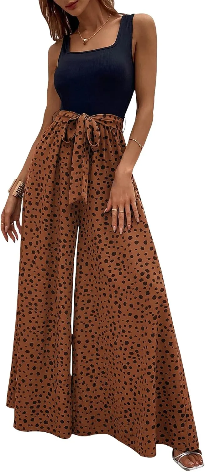 Yajedo Women's Jumpsuits Dressy Casual Summer Loose Wide Leg Tank Top Jumpsuit with Belt