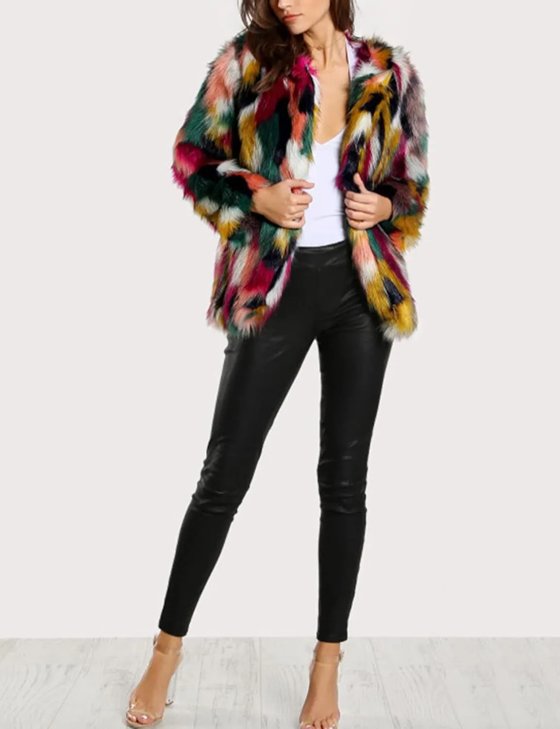 Yimoon Fur Coats for Women Fur Fuzzy Faux Multicolor Fur Coat Jacket Long Sleeve Open Front Luxury Colorful Furry