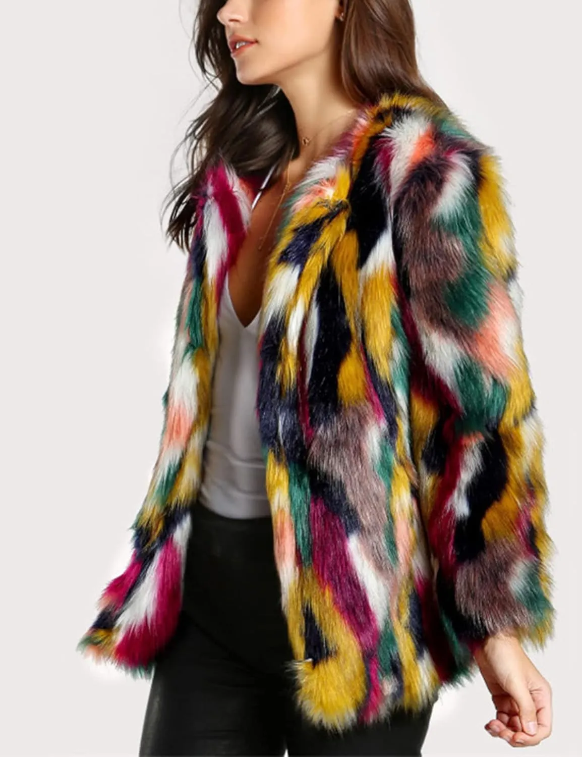Yimoon Fur Coats for Women Fur Fuzzy Faux Multicolor Fur Coat Jacket Long Sleeve Open Front Luxury Colorful Furry
