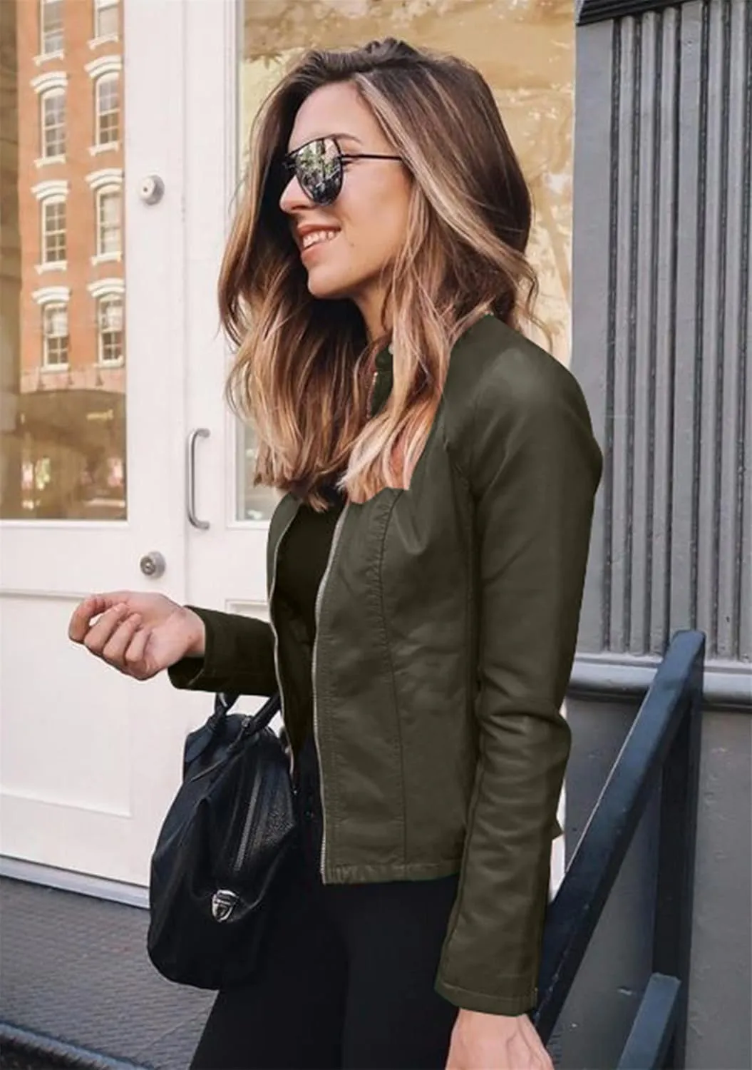 YMING Womens Faux Leather Zip Up Jackets PU Short Moto Coat Autumn Slim Fit Biker Outwear Plus Size