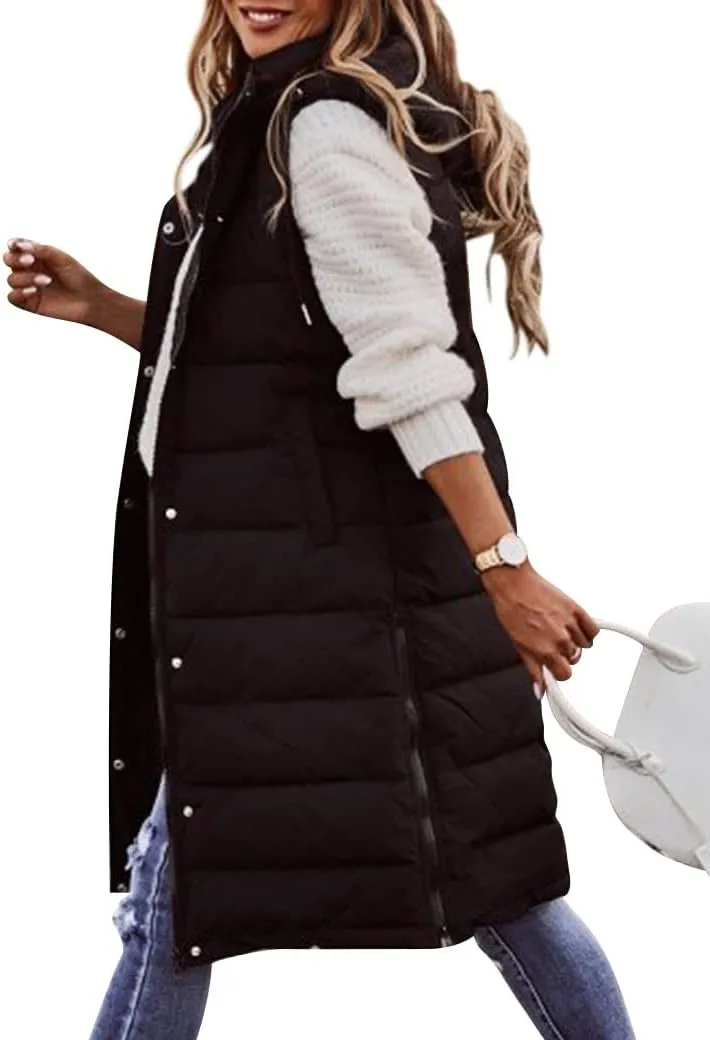 Ytfsrukp Oversized Long Down Vest for Women Outdoor Coats with Hood Long Puffer Vest Winter Coats Sleeveless Warm Jacket