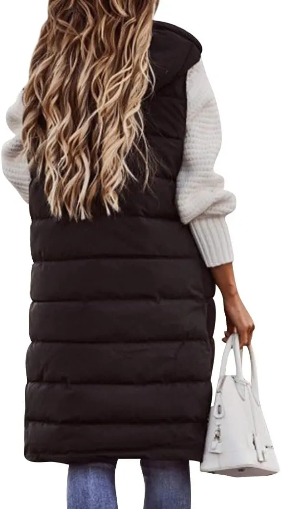 Ytfsrukp Oversized Long Down Vest for Women Outdoor Coats with Hood Long Puffer Vest Winter Coats Sleeveless Warm Jacket