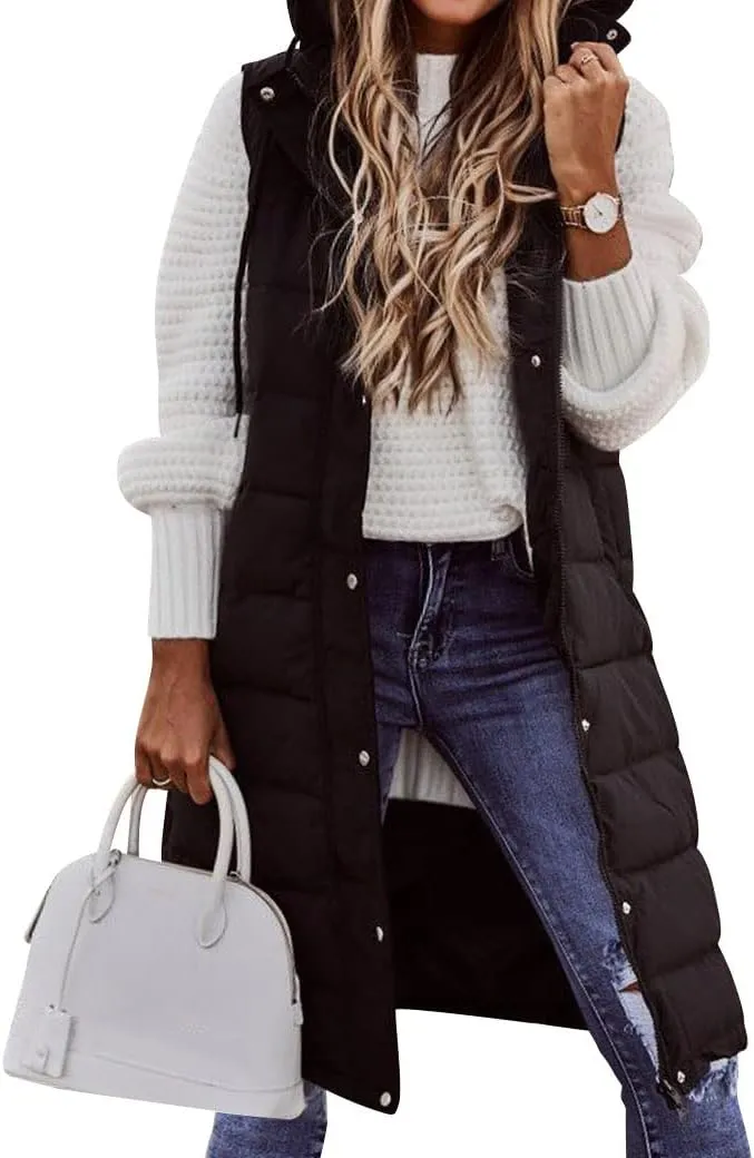 Ytfsrukp Oversized Long Down Vest for Women Outdoor Coats with Hood Long Puffer Vest Winter Coats Sleeveless Warm Jacket