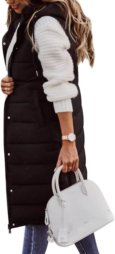 Ytfsrukp Oversized Long Down Vest for Women Outdoor Coats with Hood Long Puffer Vest Winter Coats Sleeveless Warm Jacket