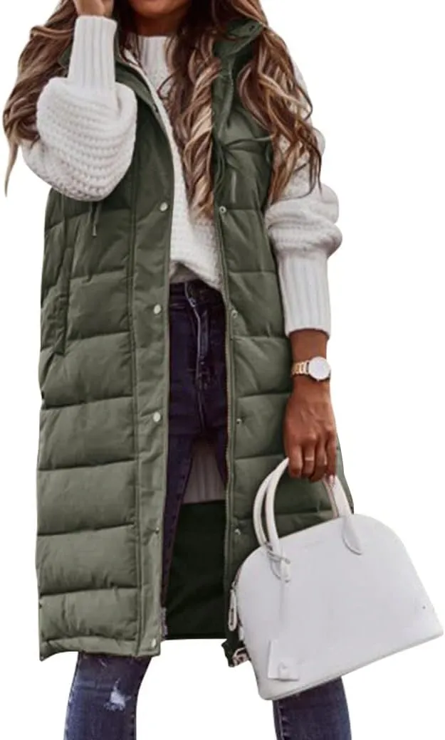 Ytfsrukp Oversized Long Down Vest for Women Outdoor Coats with Hood Long Puffer Vest Winter Coats Sleeveless Warm Jacket