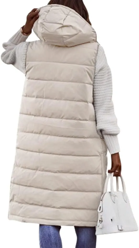 Ytfsrukp Oversized Long Down Vest for Women Outdoor Coats with Hood Long Puffer Vest Winter Coats Sleeveless Warm Jacket
