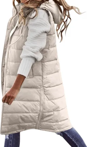 Ytfsrukp Oversized Long Down Vest for Women Outdoor Coats with Hood Long Puffer Vest Winter Coats Sleeveless Warm Jacket