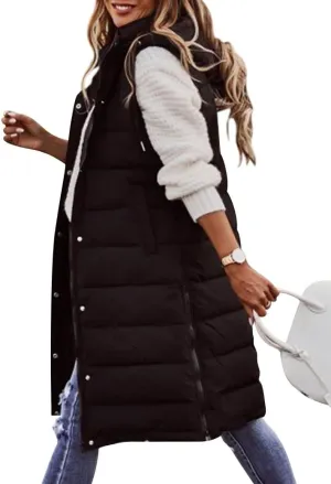 Ytfsrukp Oversized Long Down Vest for Women Outdoor Coats with Hood Long Puffer Vest Winter Coats Sleeveless Warm Jacket