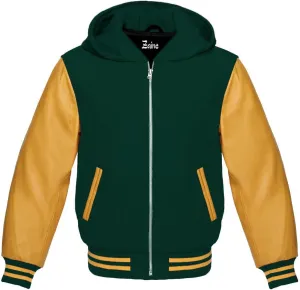 Zaine Enterprises Varsity Hoodie Letterman Letterman Bomber Wool & Genuine Gold Leather Sleeves Zipper Jacket