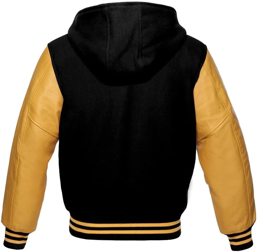 Zaine Enterprises Varsity Hoodie Letterman Letterman Bomber Wool & Genuine Gold Leather Sleeves Zipper Jacket