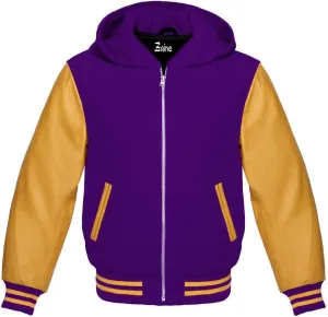 Zaine Enterprises Varsity Hoodie Letterman Letterman Bomber Wool & Genuine Gold Leather Sleeves Zipper Jacket