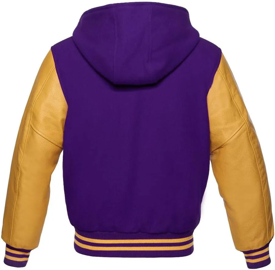 Zaine Enterprises Varsity Hoodie Letterman Letterman Bomber Wool & Genuine Gold Leather Sleeves Zipper Jacket