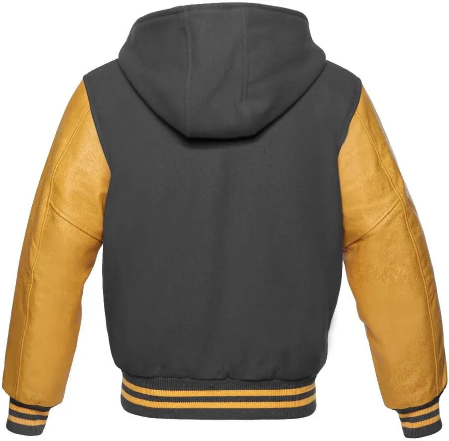 Zaine Enterprises Varsity Hoodie Letterman Letterman Bomber Wool & Genuine Gold Leather Sleeves Zipper Jacket