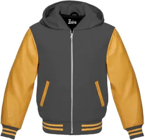 Zaine Enterprises Varsity Hoodie Letterman Letterman Bomber Wool & Genuine Gold Leather Sleeves Zipper Jacket