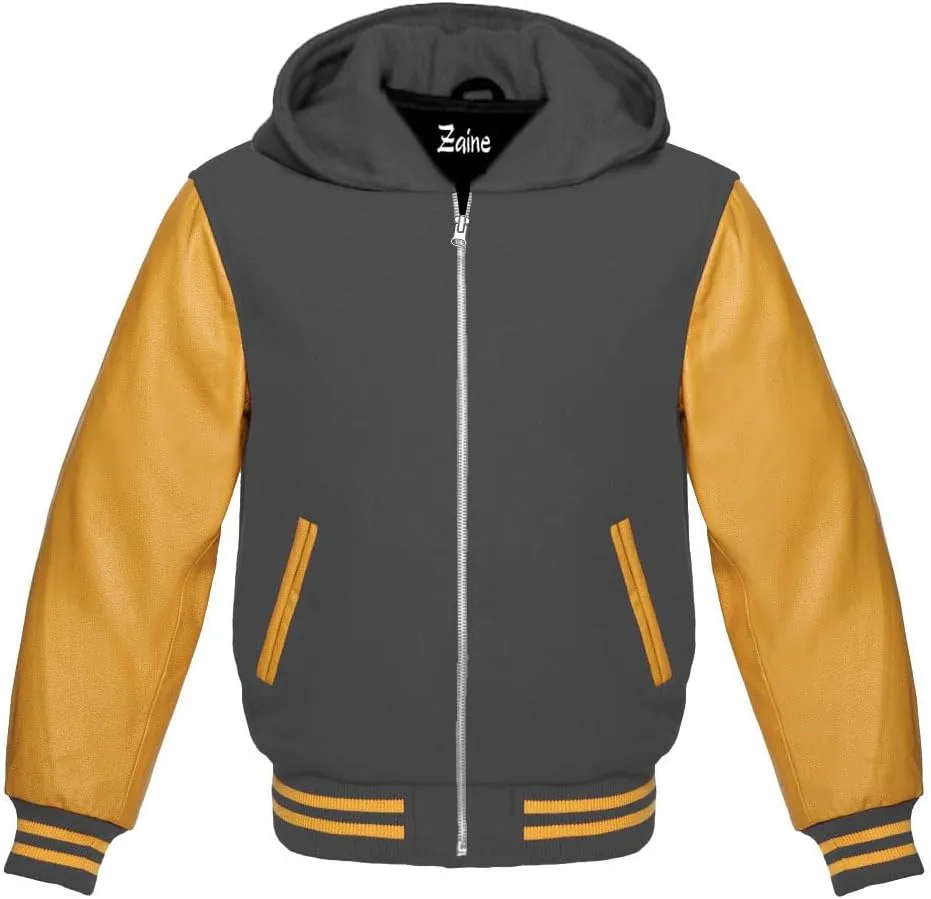 Zaine Enterprises Varsity Hoodie Letterman Letterman Bomber Wool & Genuine Gold Leather Sleeves Zipper Jacket