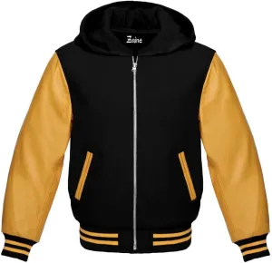 Zaine Enterprises Varsity Hoodie Letterman Letterman Bomber Wool & Genuine Gold Leather Sleeves Zipper Jacket