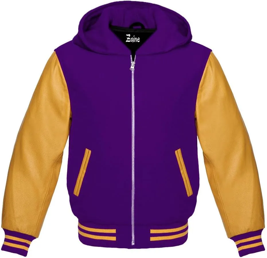 Zaine Enterprises Varsity Hoodie Letterman Letterman Bomber Wool & Genuine Gold Leather Sleeves Zipper Jacket