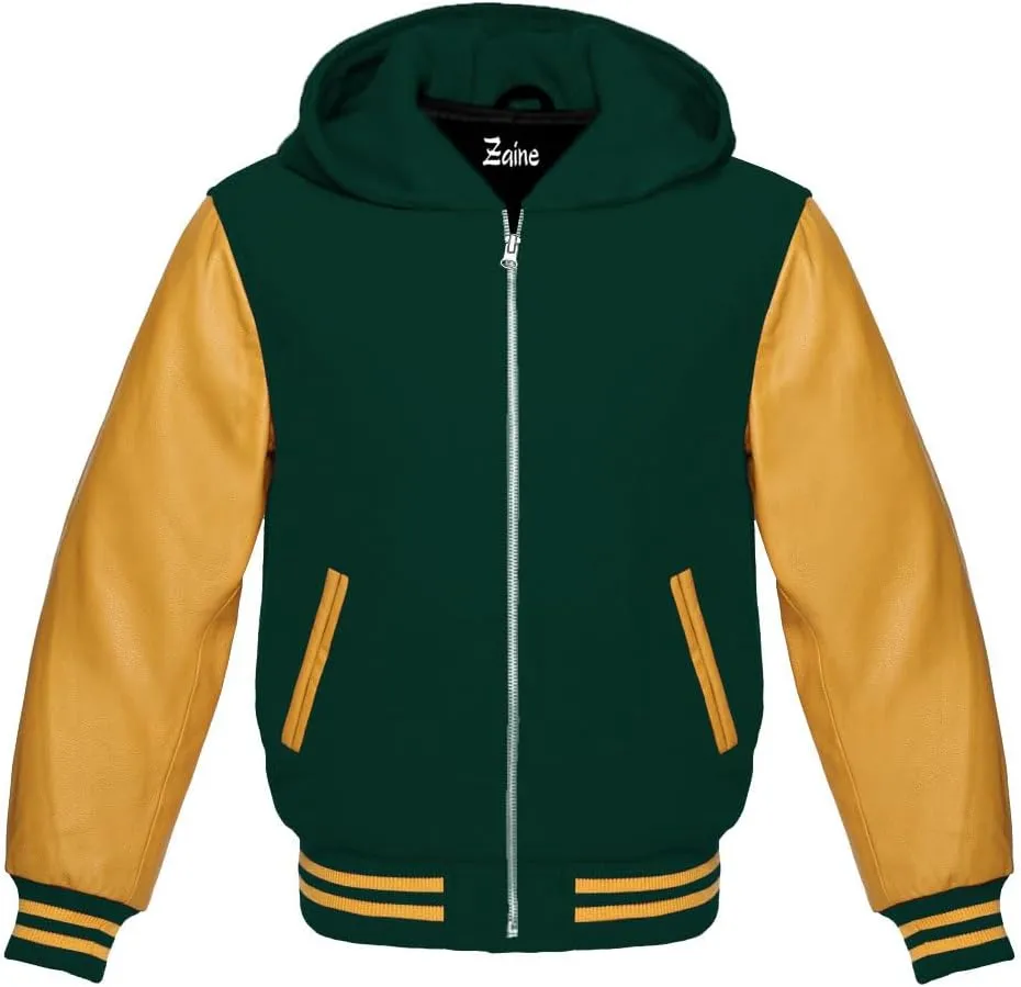 Zaine Enterprises Varsity Hoodie Letterman Letterman Bomber Wool & Genuine Gold Leather Sleeves Zipper Jacket