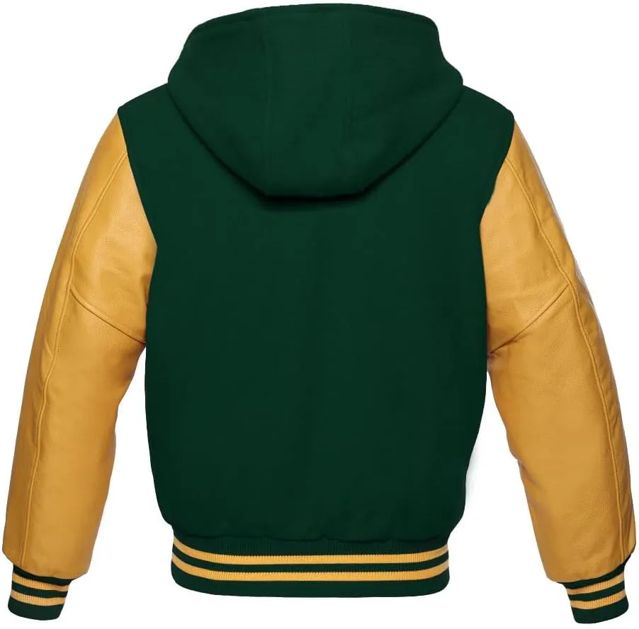 Zaine Enterprises Varsity Hoodie Letterman Letterman Bomber Wool & Genuine Gold Leather Sleeves Zipper Jacket