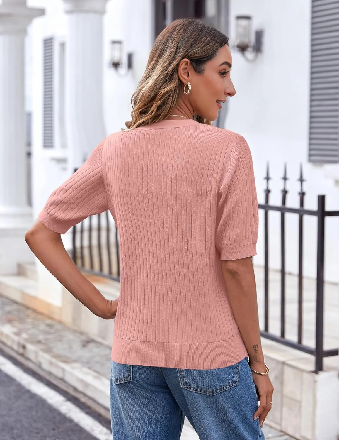 Zeagoo Women's 2025 Summer Short Sleeve Cardigan V Neck Button Down Ribbed Knit Casual Cropped Sweater Tops