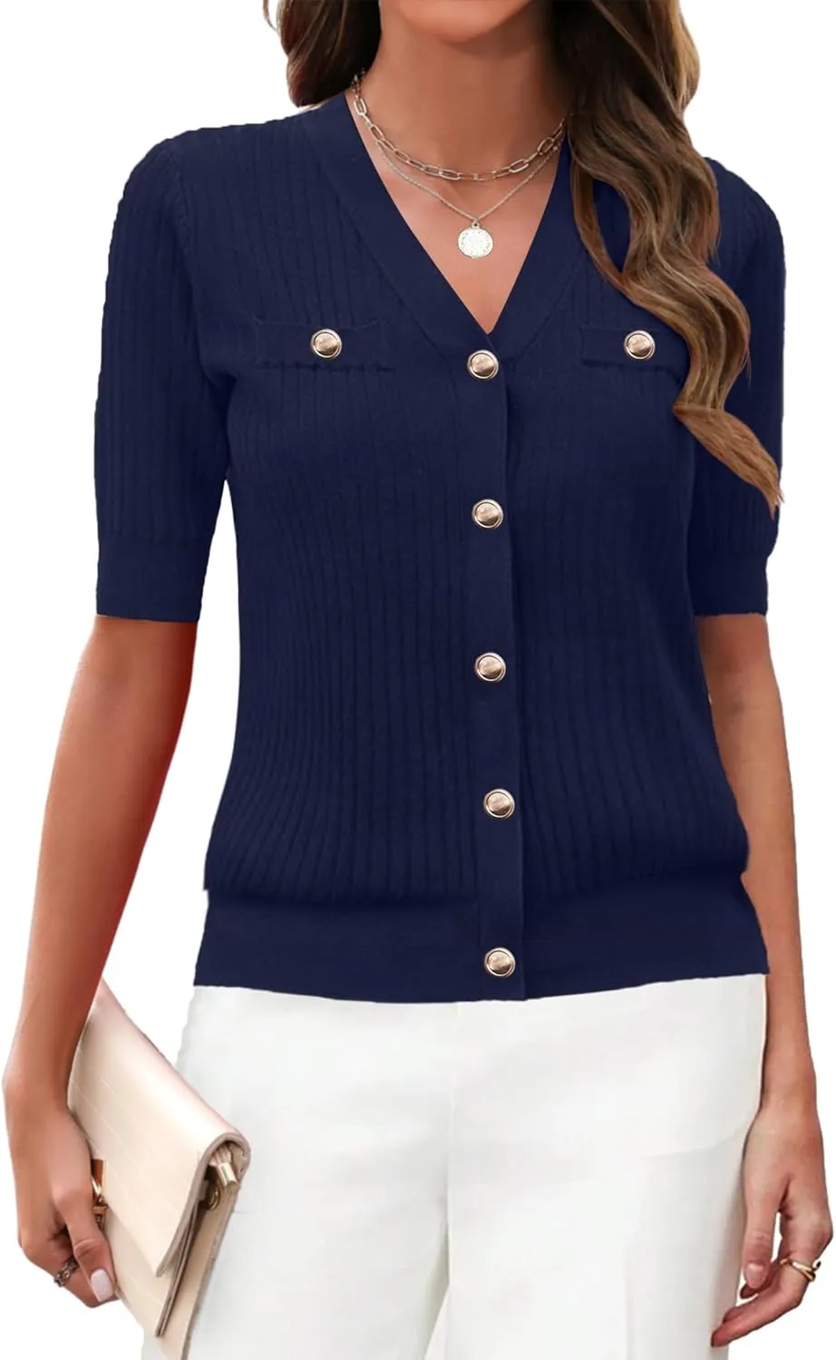 Zeagoo Women's 2025 Summer Short Sleeve Cardigan V Neck Button Down Ribbed Knit Casual Cropped Sweater Tops