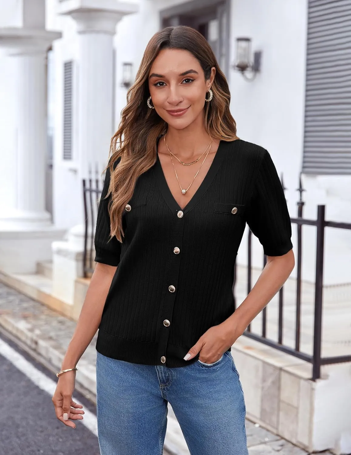 Zeagoo Women's 2025 Summer Short Sleeve Cardigan V Neck Button Down Ribbed Knit Casual Cropped Sweater Tops