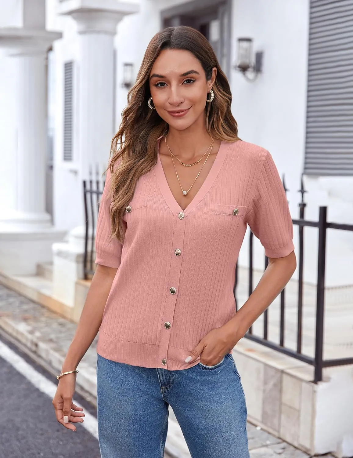 Zeagoo Women's 2025 Summer Short Sleeve Cardigan V Neck Button Down Ribbed Knit Casual Cropped Sweater Tops