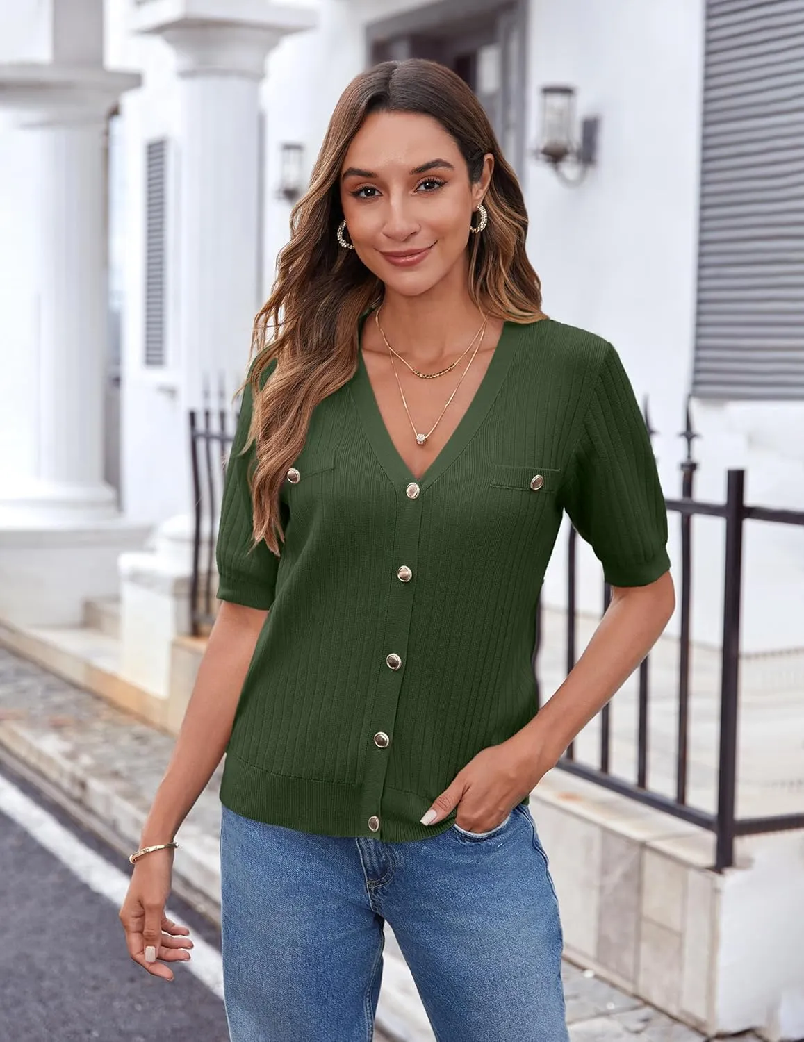 Zeagoo Women's 2025 Summer Short Sleeve Cardigan V Neck Button Down Ribbed Knit Casual Cropped Sweater Tops