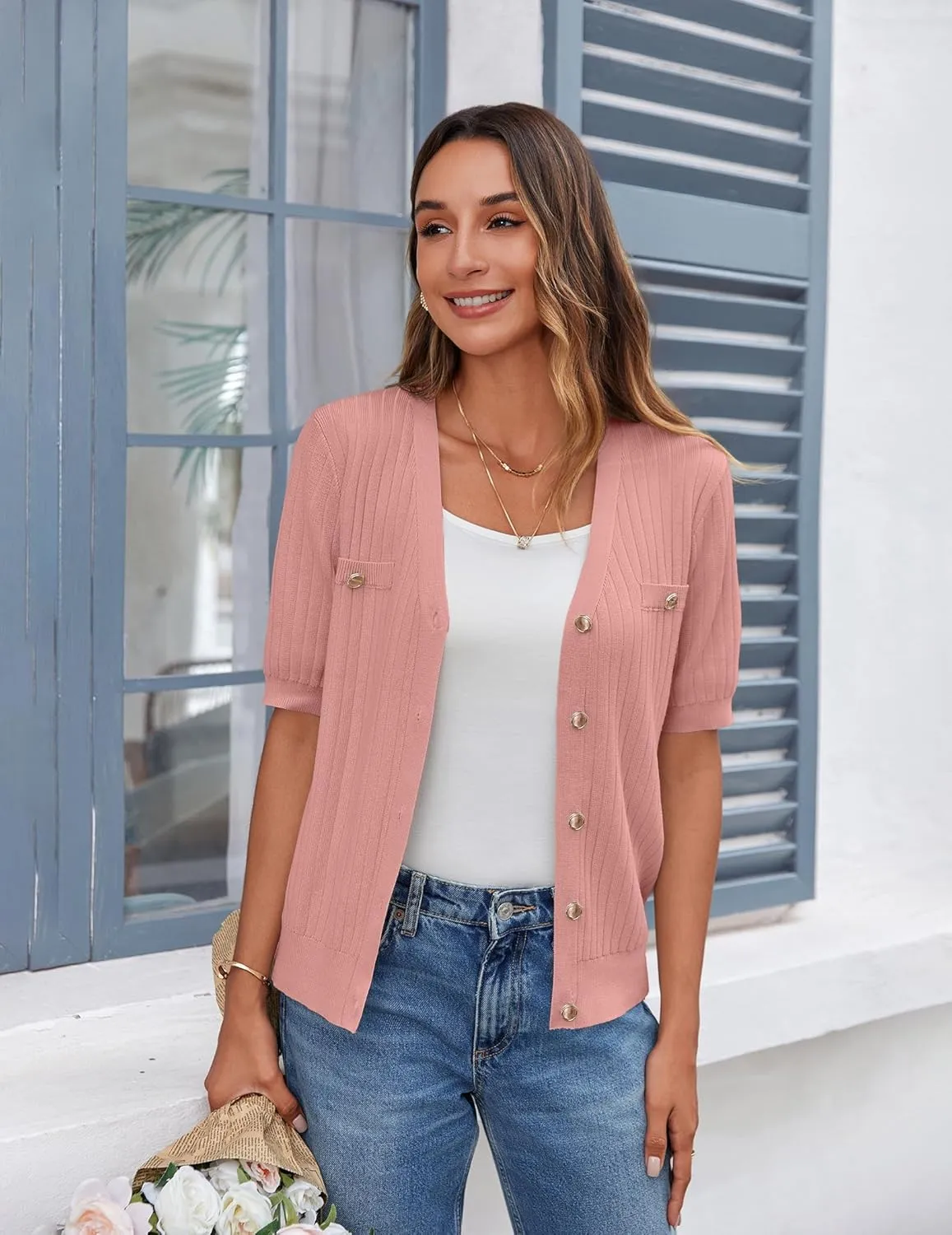 Zeagoo Women's 2025 Summer Short Sleeve Cardigan V Neck Button Down Ribbed Knit Casual Cropped Sweater Tops