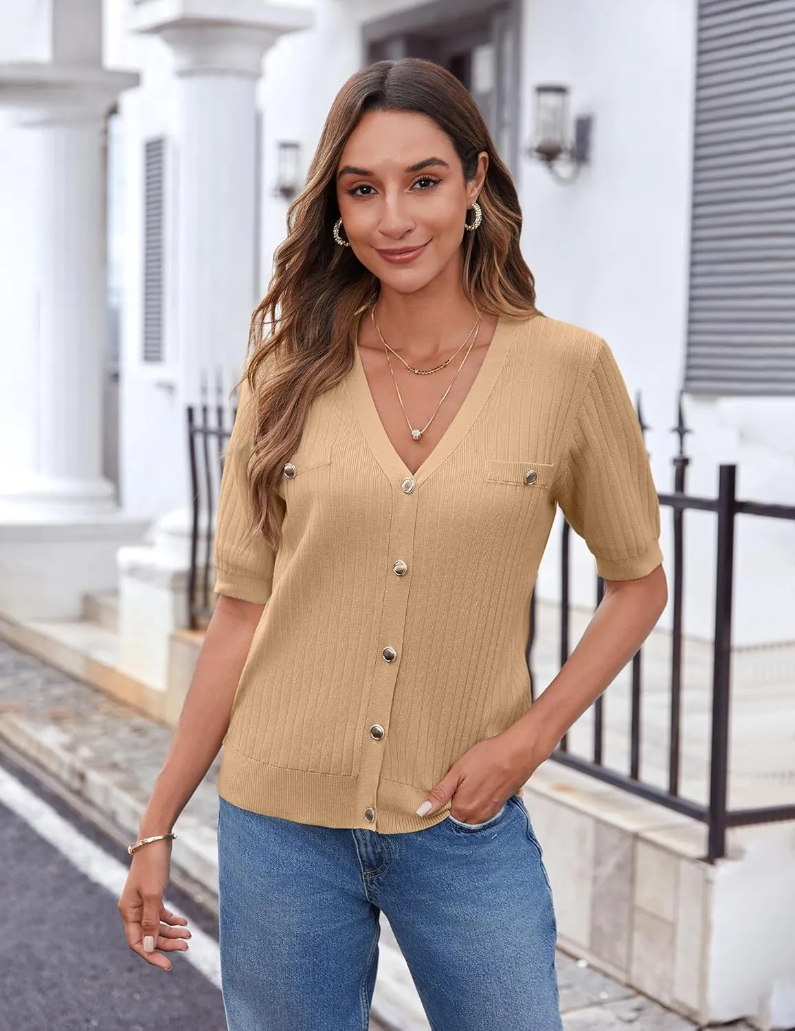 Zeagoo Women's 2025 Summer Short Sleeve Cardigan V Neck Button Down Ribbed Knit Casual Cropped Sweater Tops