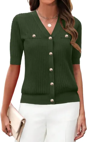 Zeagoo Women's 2025 Summer Short Sleeve Cardigan V Neck Button Down Ribbed Knit Casual Cropped Sweater Tops